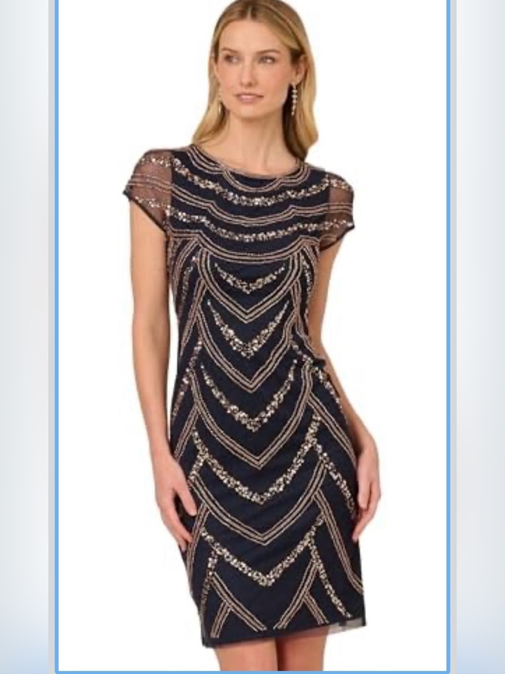 NWT Size 8 Adrianna Papell Beaded Art Deco Cocktail Dress in Navy/Rose Gold
